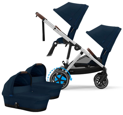 Cybex eGazelle S Twin Stroller + Cot Bundle - Silver Frame / Ocean Blue