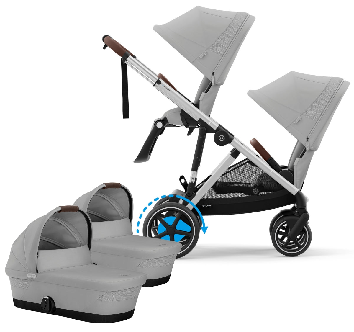 Cybex eGazelle S Twin Stroller + Cot Bundle - Silver Frame / Stone Grey