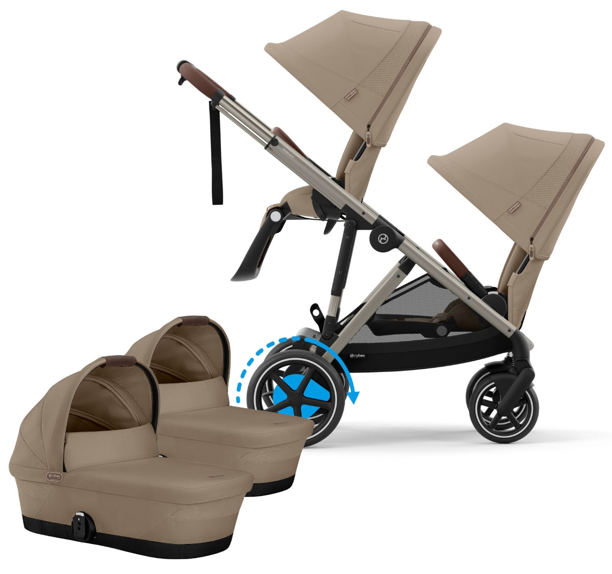 Cybex eGazelle S Twin Stroller + Cot Bundle - Taupe Frame / Almond Beige