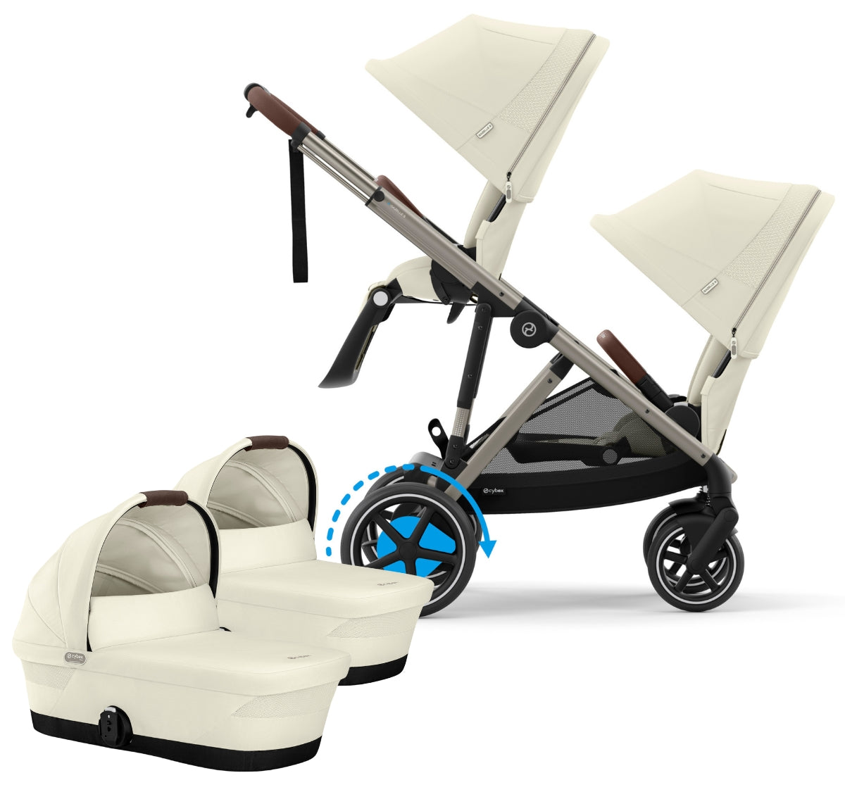 Cybex eGazelle S Twin Stroller + Cot Bundle - Taupe Frame / Seashell Beige