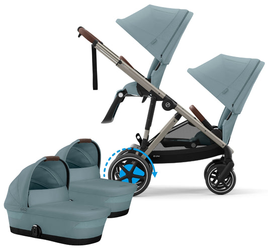 Cybex eGazelle S Twin Stroller + Cot Bundle - Taupe Frame / Stormy Blue