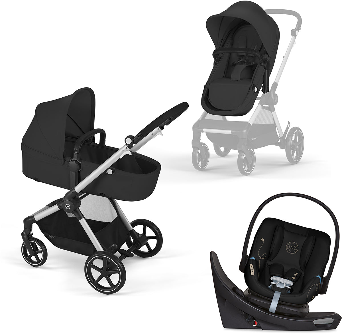 Cybex EOS 5-in-1 Stroller + Aton G Swivel SensorSafe Travel System - Silver / Moon Black