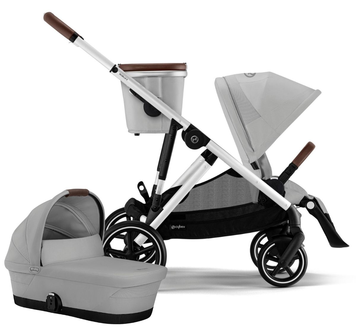 Cybex Gazelle S 2 Single-to-Double Stroller + Cot Bundle - Silver Frame / Lava Grey