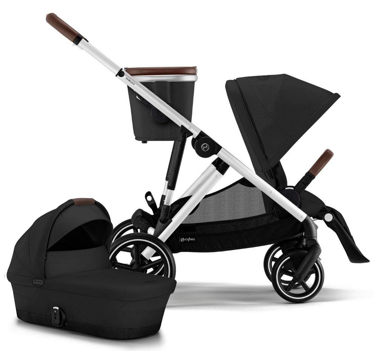 Cybex Gazelle S 2 Single-to-Double Stroller + Cot Bundle - Silver Frame / Moon Black