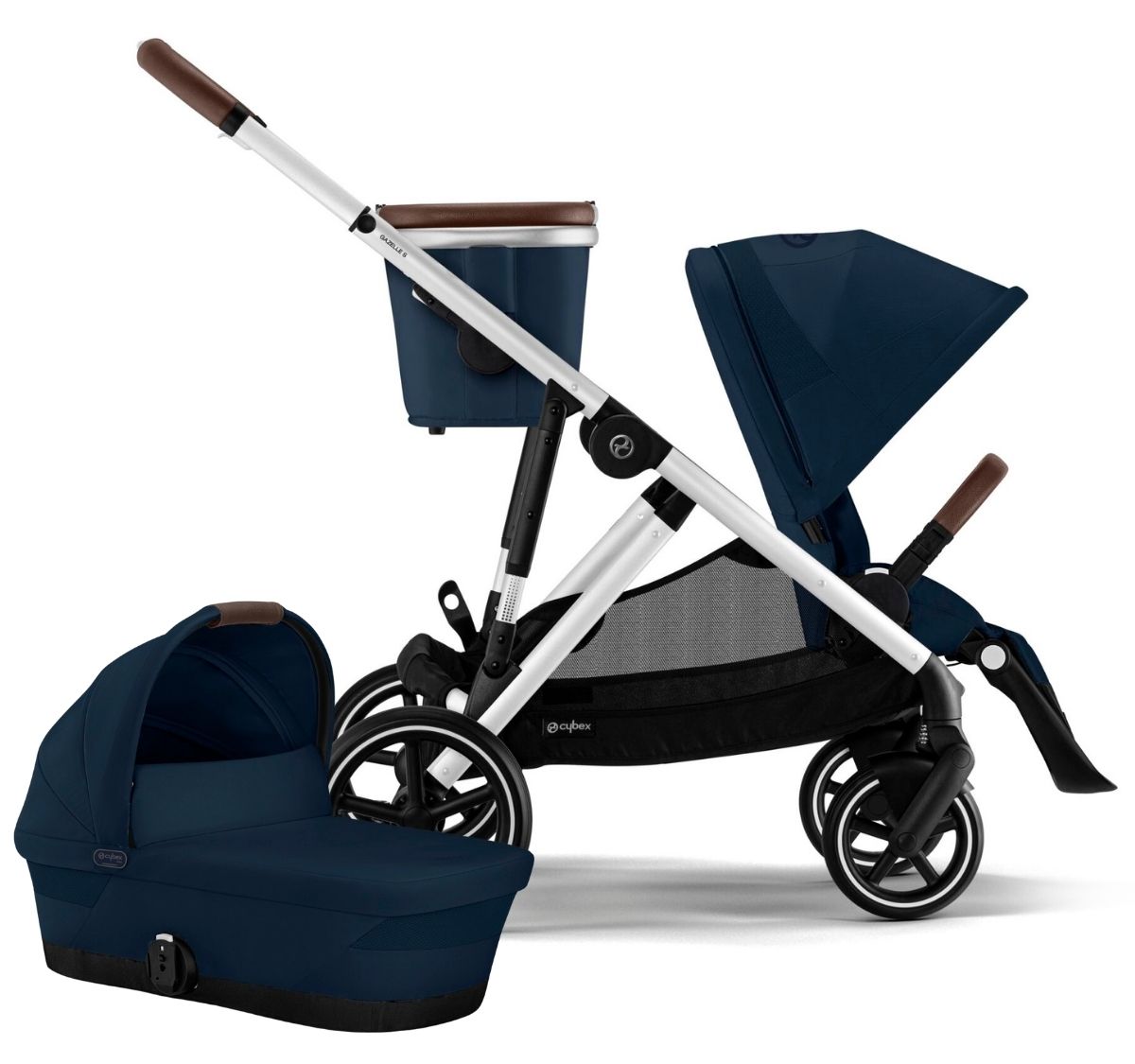 Cybex Gazelle S 2 Single-to-Double Stroller + Cot Bundle - Silver Frame / Ocean Blue