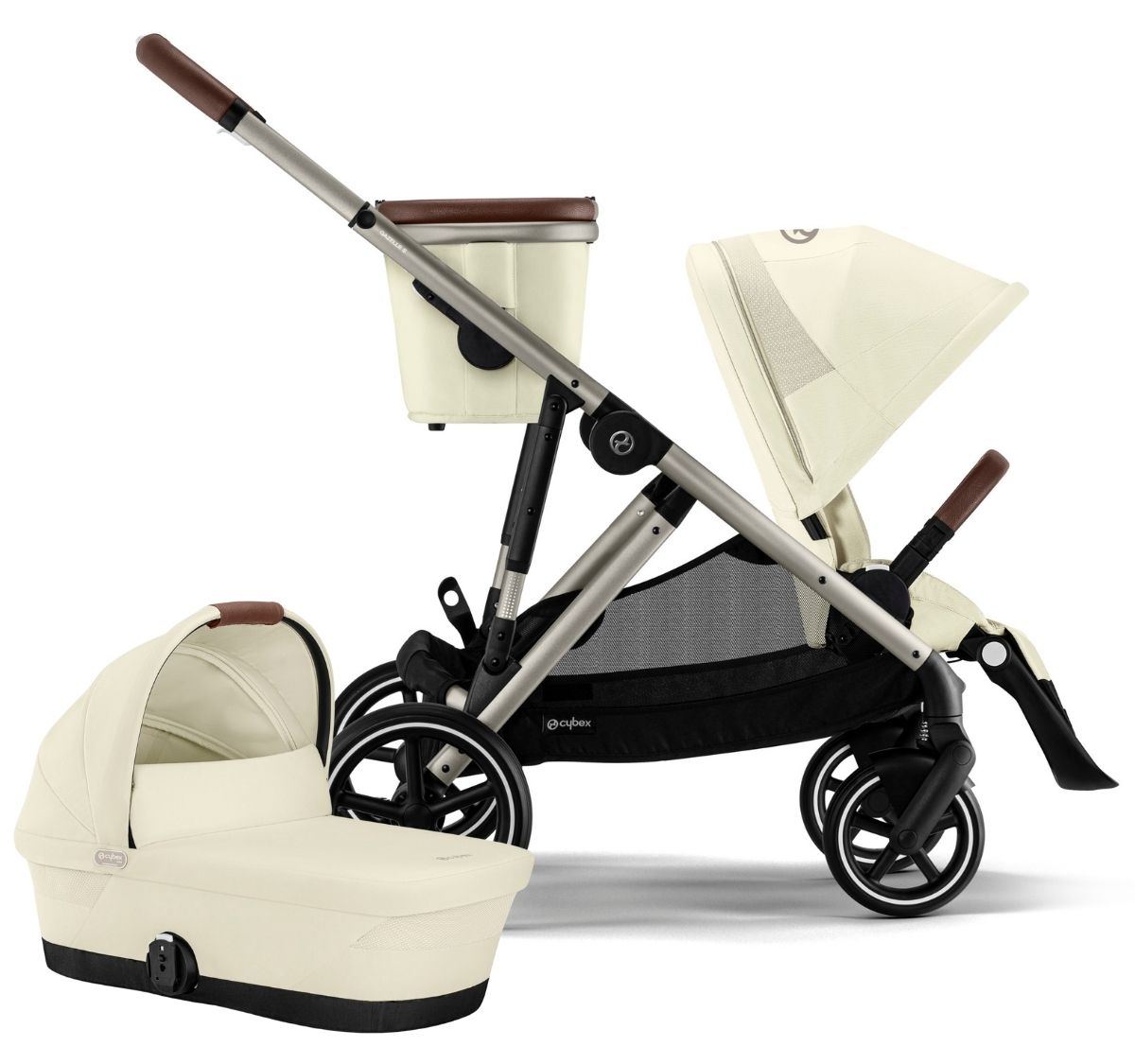 Cybex Gazelle S 2 Single-to-Double Stroller + Cot Bundle - Taupe Frame / Seashell Beige