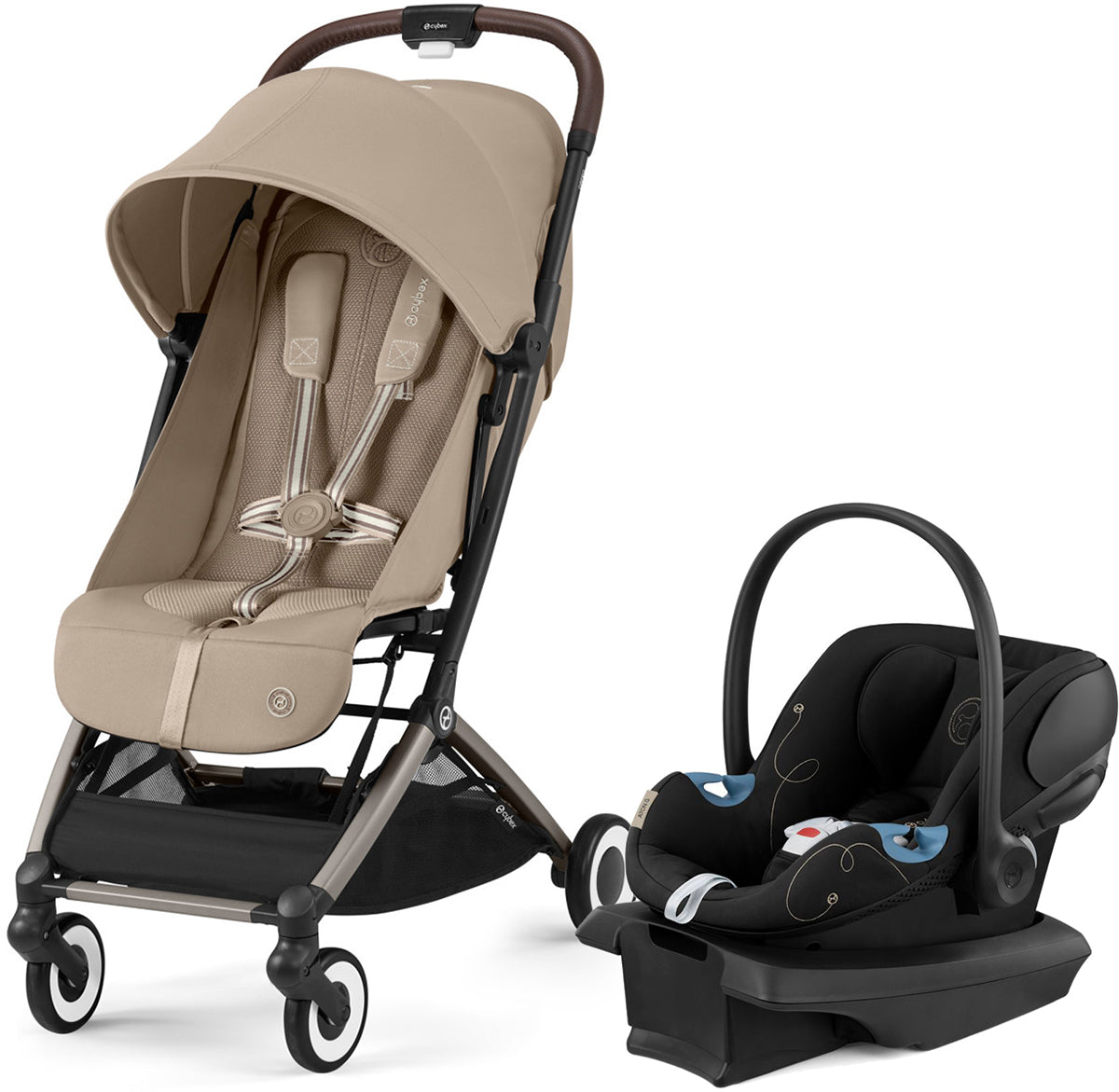 Cybex Orfeo Compact Stroller + Aton G SensorSafe Travel System Bundle - Almond Beige / Moon Black