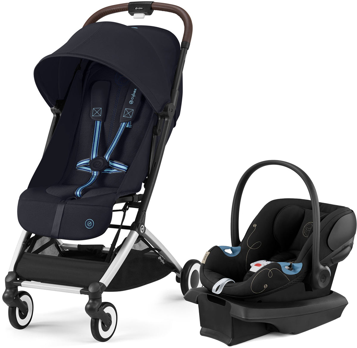 Cybex Orfeo Compact Stroller + Aton G SensorSafe Travel System Bundle - Dark Blue / Moon Black