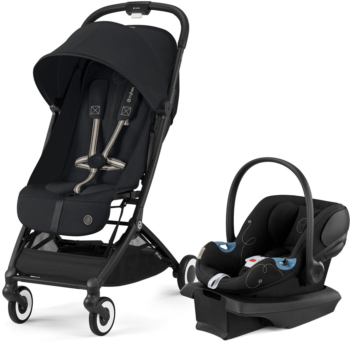 Cybex Orfeo Compact Stroller + Aton G SensorSafe Travel System Bundle - Magic Black / Moon Black