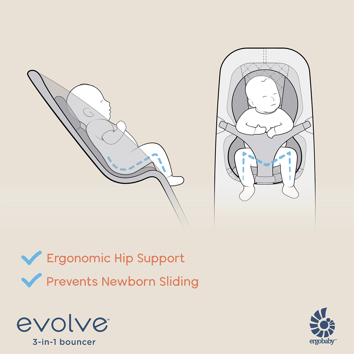 Ergobaby 3-in-1 Evolve Bouncer + Toy Bar Bundle - Light Grey