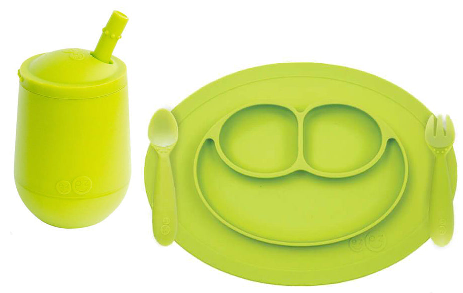 EZPZ Toddler Bundle - Mini Feeding Set + Mini Cup and Straw Training System - Lime