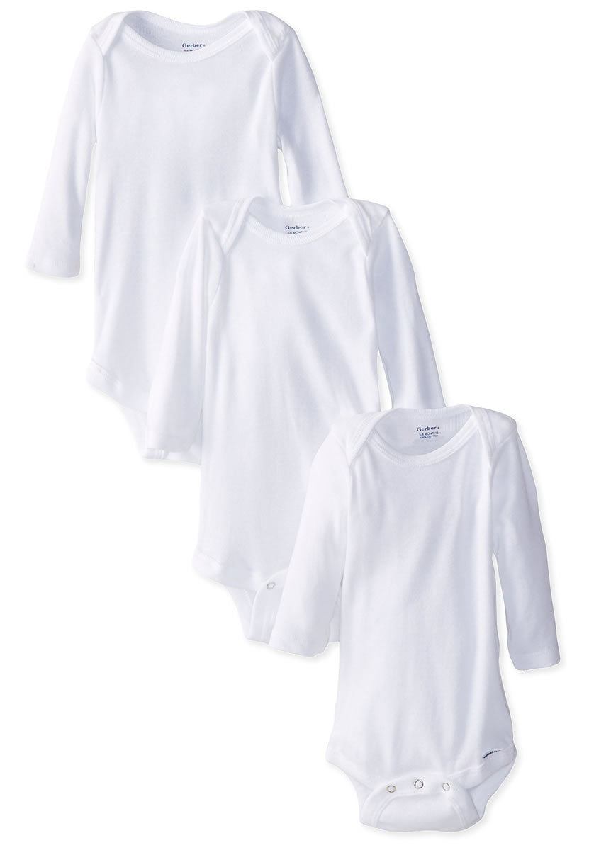 Gerber White 3 Pack Long Sleeve Onesies 6-9 Months