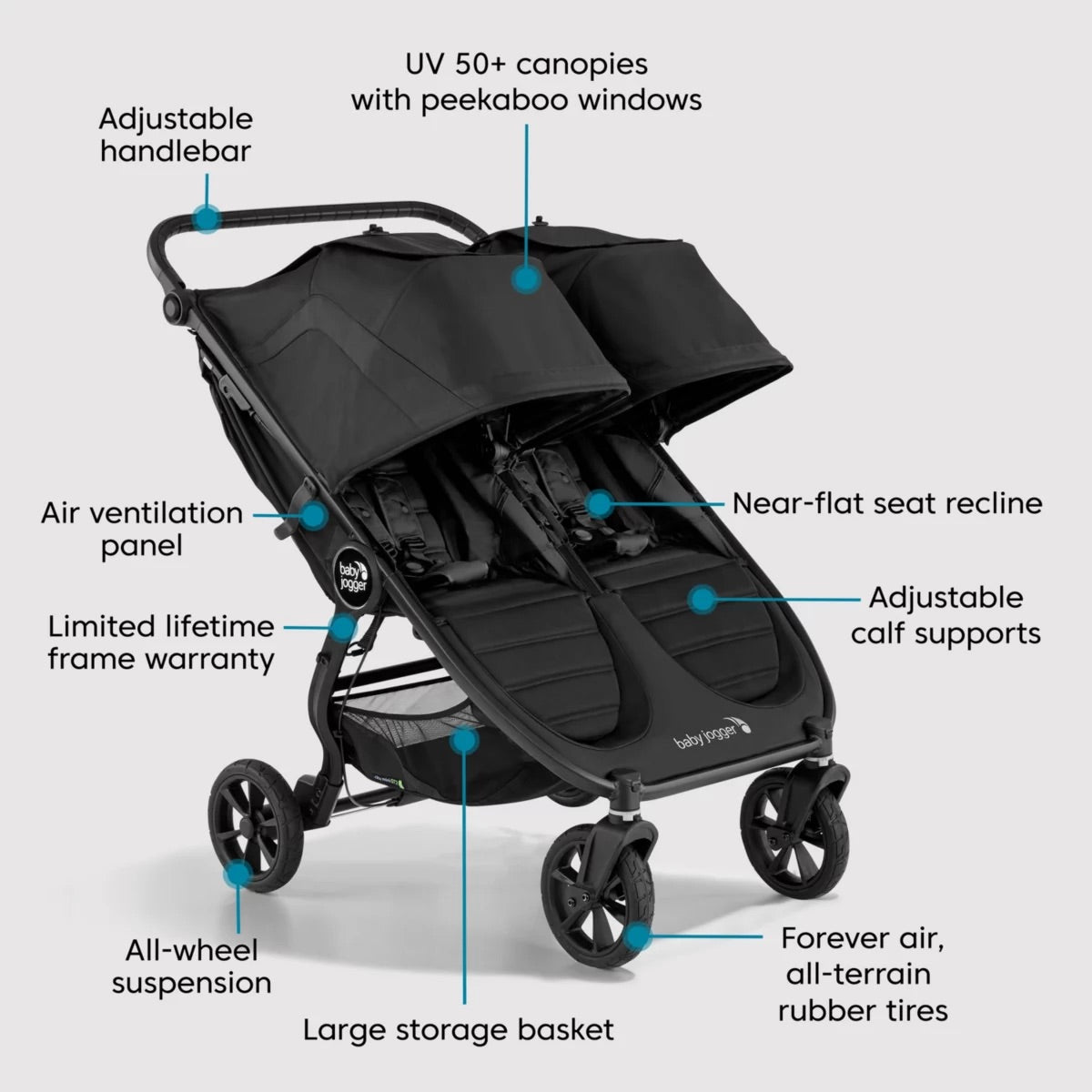 Baby Jogger City Mini GT2 Double Stroller + Glider Board Bundle - Jet