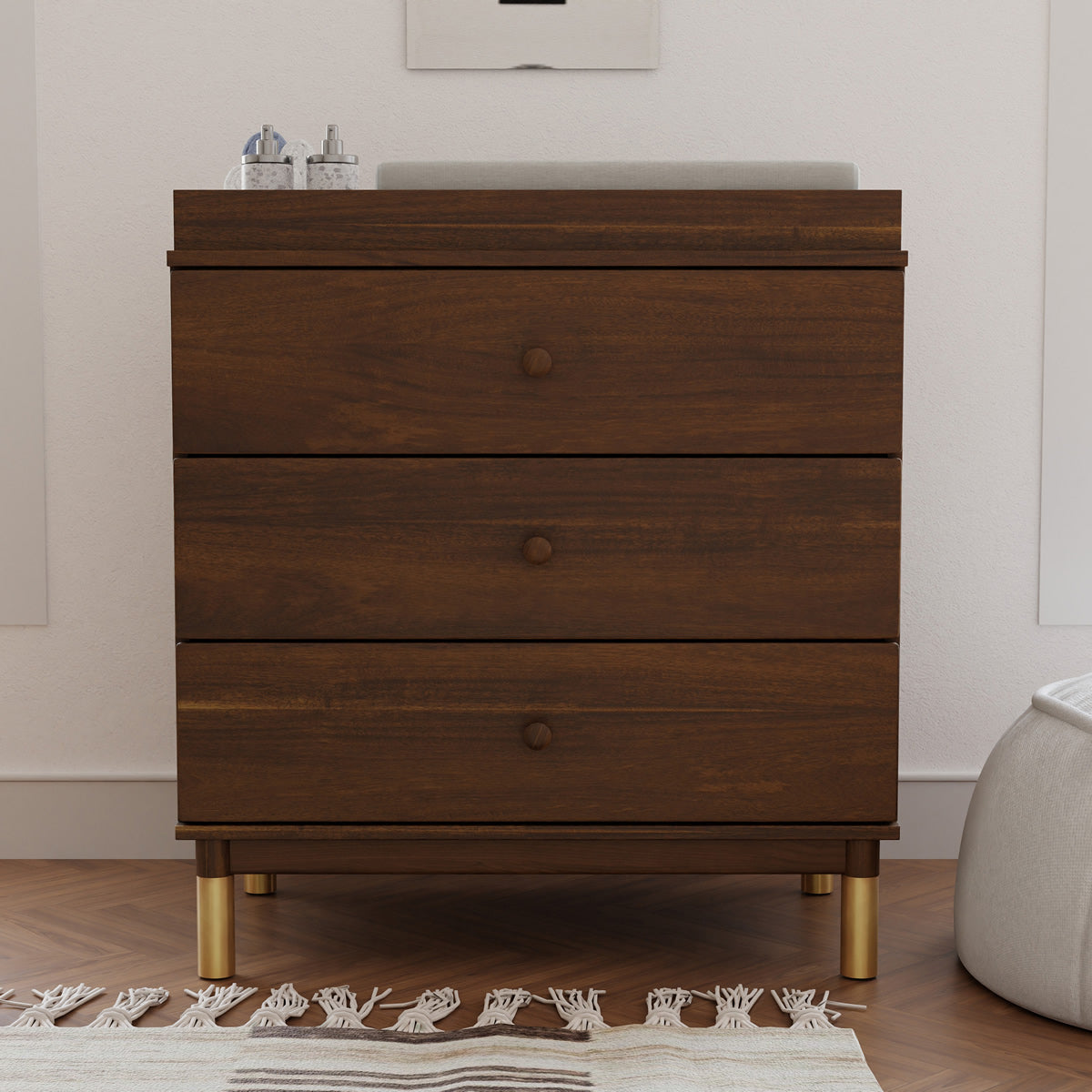 Babyletto Gelato 3-Drawer Changer Dresser + Removable Changing Tray - Natural Walnut & Gold Feet