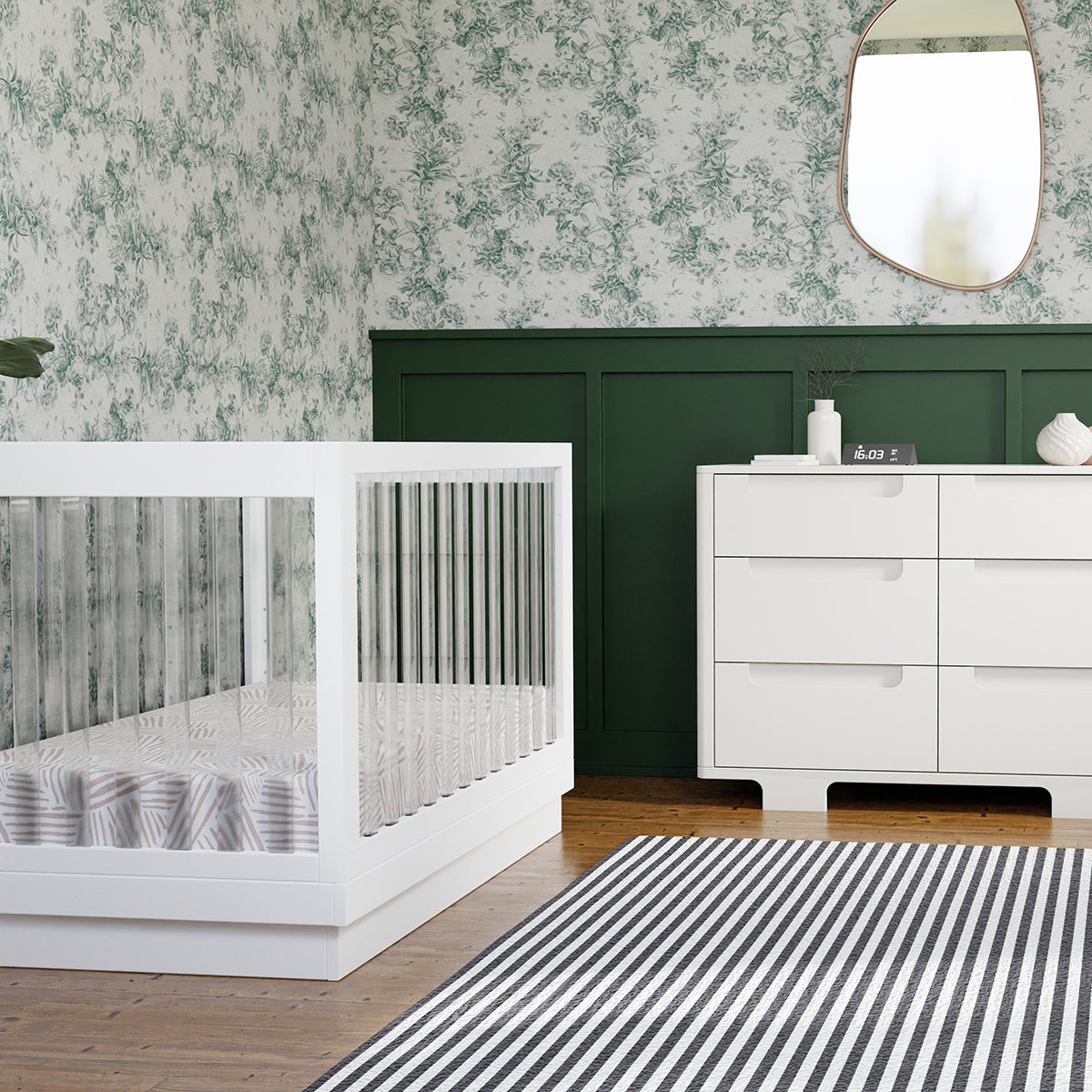 Babyletto Harlow Acrylic 3-in-1 Convertible Crib w/Toddler Bed Conversion Kit - White / Acrylic