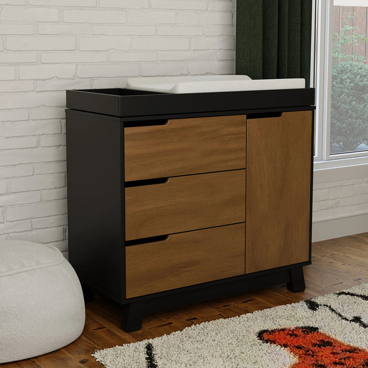 Babyletto Hudson 3-Drawer Changer Dresser, KD w/Removable Changing Tray - Black / Natural Walnut