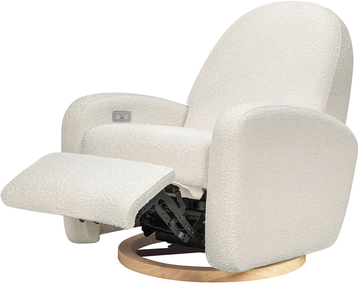 Babyletto Nami Electronic Swivel Glider Recliner w/ USB - Ivory Boucle w/ Light Wood Base