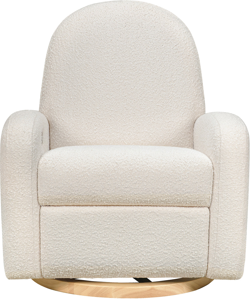 Babyletto Nami Electronic Swivel Glider Recliner w/ USB - Ivory Boucle w/ Light Wood Base