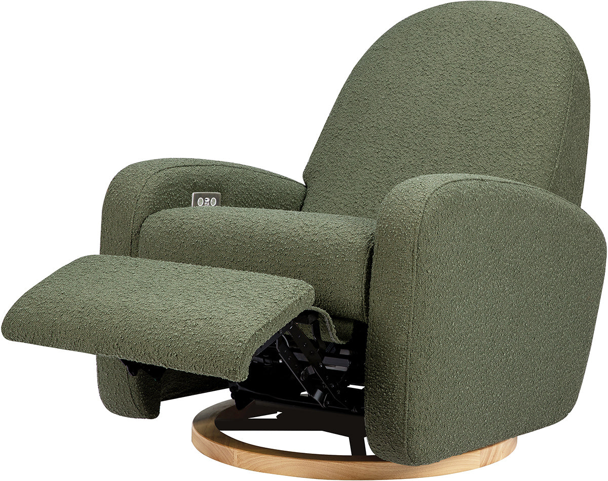 Babyletto Nami Electronic Swivel Glider Recliner w/ USB - Olive Boucle w/ Light Wood Base