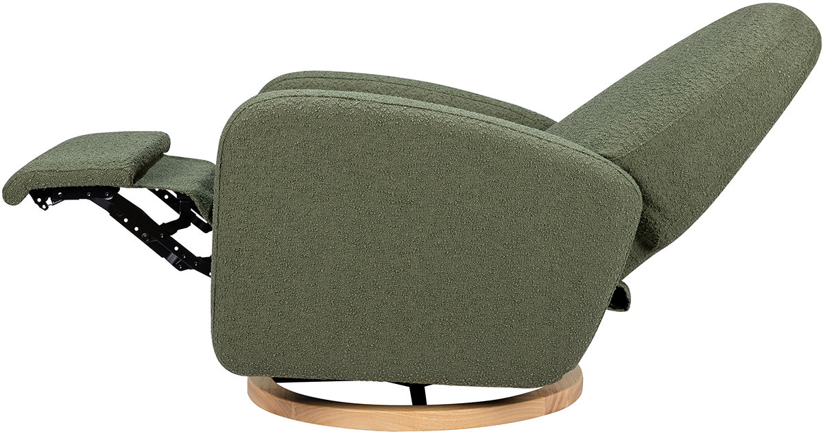 Babyletto Nami Electronic Swivel Glider Recliner w/ USB - Olive Boucle w/ Light Wood Base