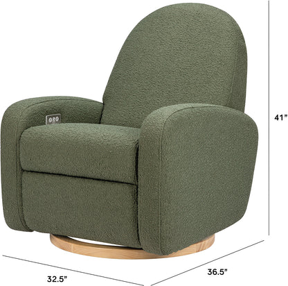 Babyletto Nami Electronic Swivel Glider Recliner w/ USB - Olive Boucle w/ Light Wood Base