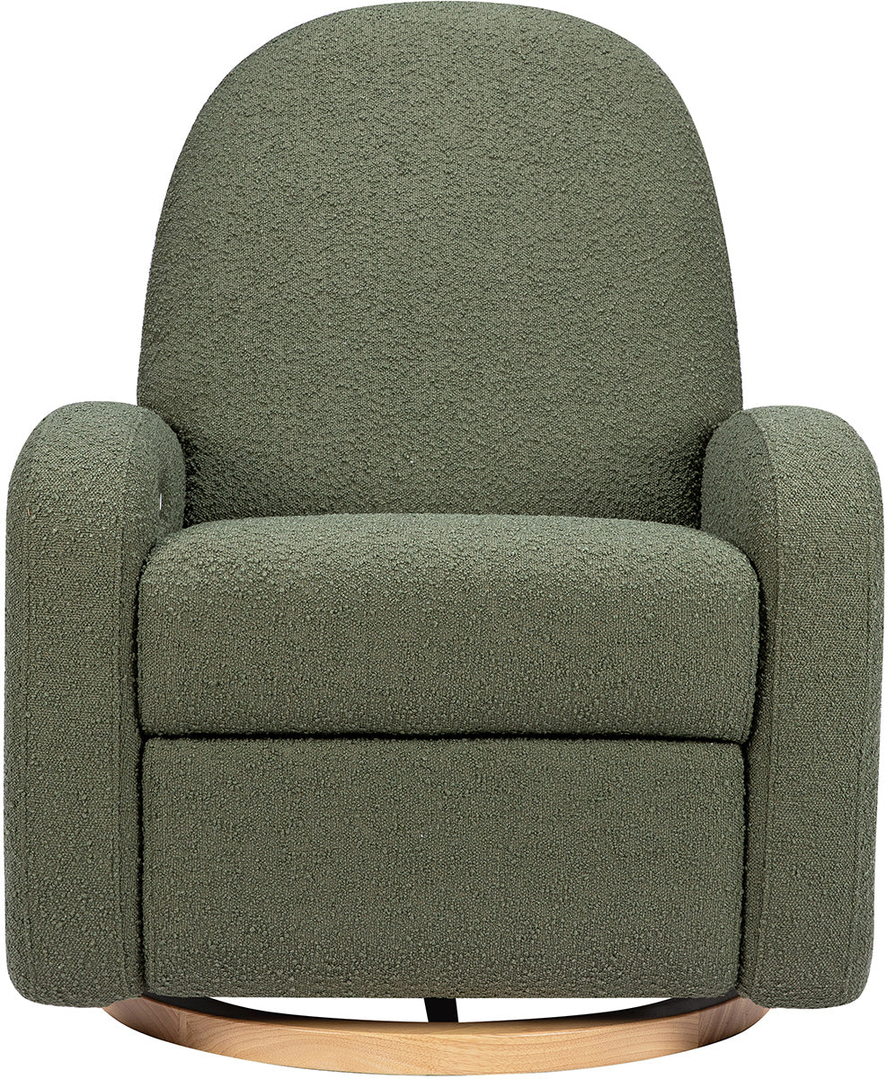 Babyletto Nami Electronic Swivel Glider Recliner w/ USB - Olive Boucle w/ Light Wood Base