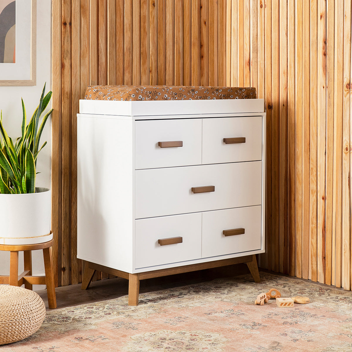 Babyletto Scoot 3-Drawer Changer Dresser w/Removable Changing Tray - White / Natural Walnut