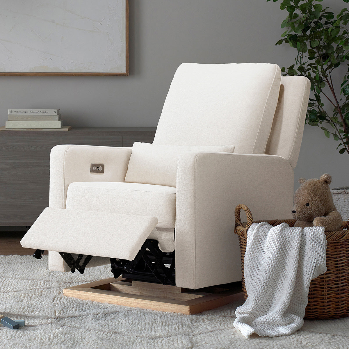 Babyletto Sigi Electronic Glider Recliner w/USB - Performance Cream Eco-Weave w/Light Wood Base