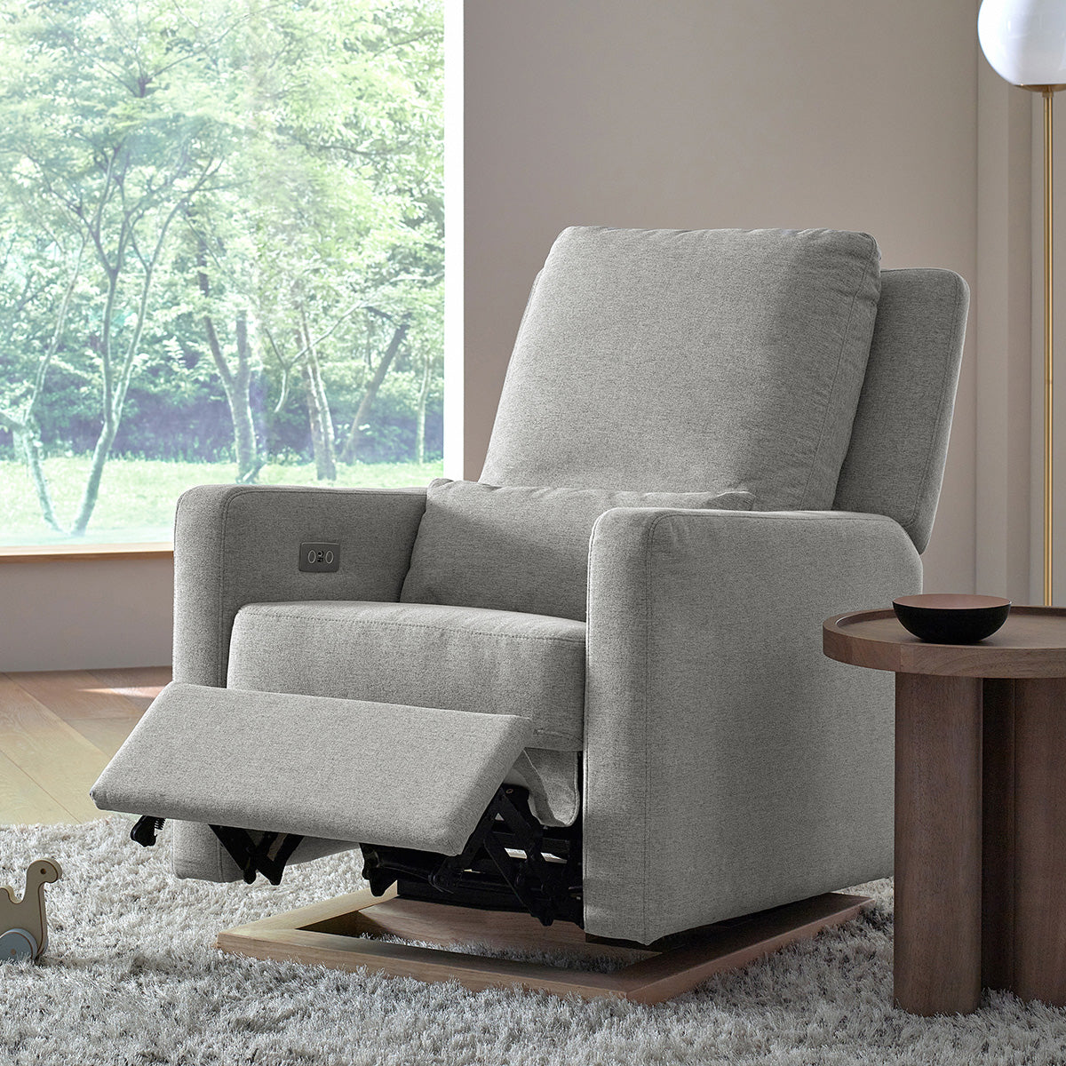 Babyletto Sigi Electronic Glider Recliner w/USB - Performance Grey Eco-Weave w/Light Wood Base