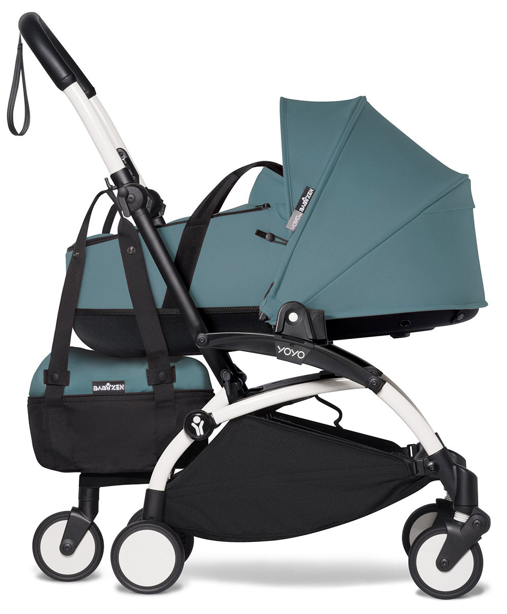 Babyzen YOYO2 Ultra Compact Complete 6+ Stroller with Bassinet & Rolling Bag Bundle - White/Aqua