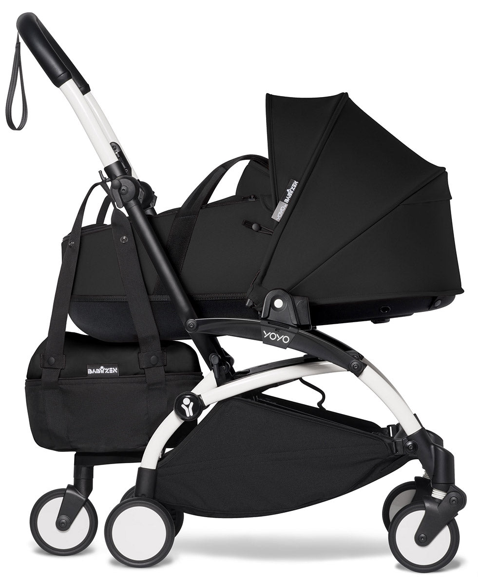 Babyzen YOYO2 Ultra Compact Complete 6+ Stroller with Bassinet & Rolling Bag Bundle - White/Black