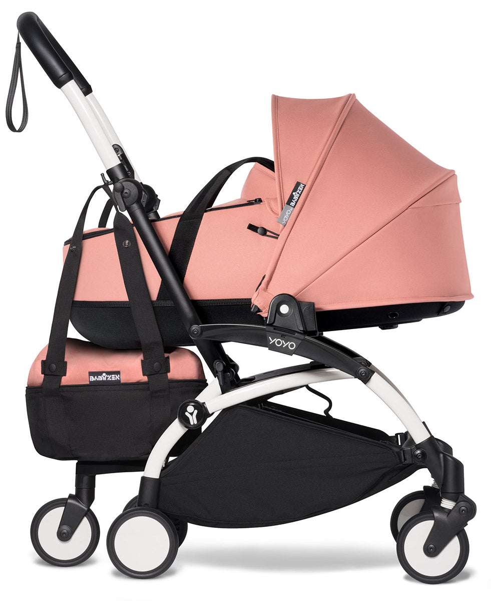 Babyzen YOYO2 Ultra Compact Complete 6+ Stroller with Bassinet & Rolling Bag Bundle - White/Ginger