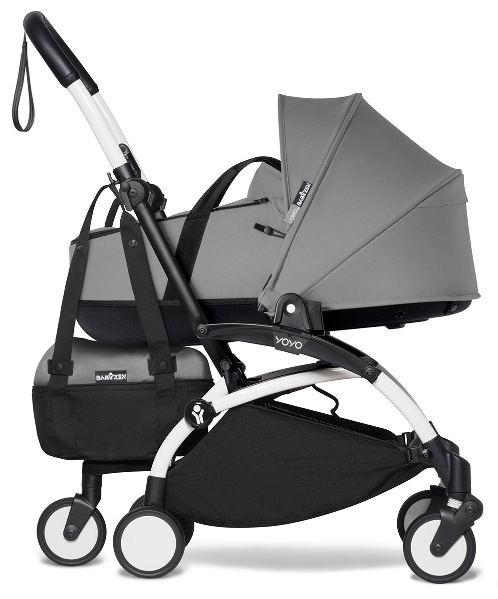 Babyzen YOYO2 Ultra Compact Complete 6+ Stroller with Bassinet & Rolling Bag Bundle - White/Grey