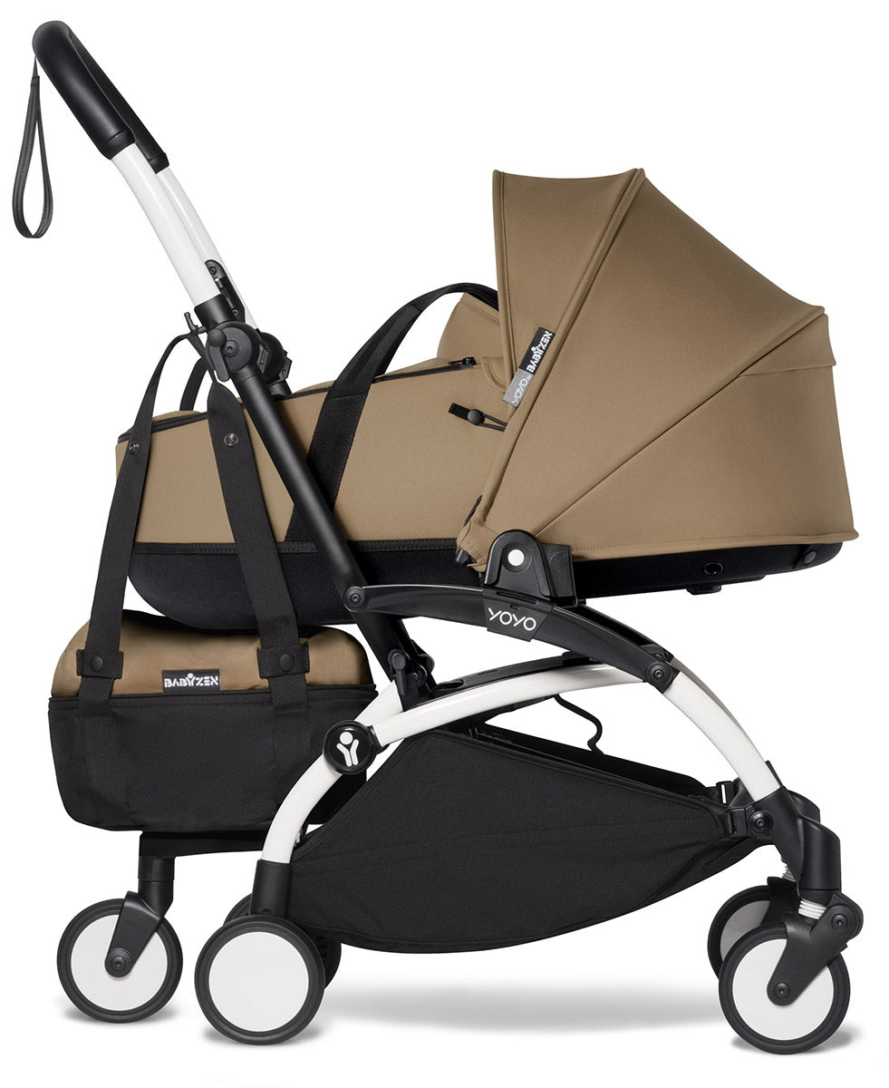 Babyzen YOYO2 Ultra Compact Complete 6+ Stroller with Bassinet & Rolling Bag Bundle - White/Toffee