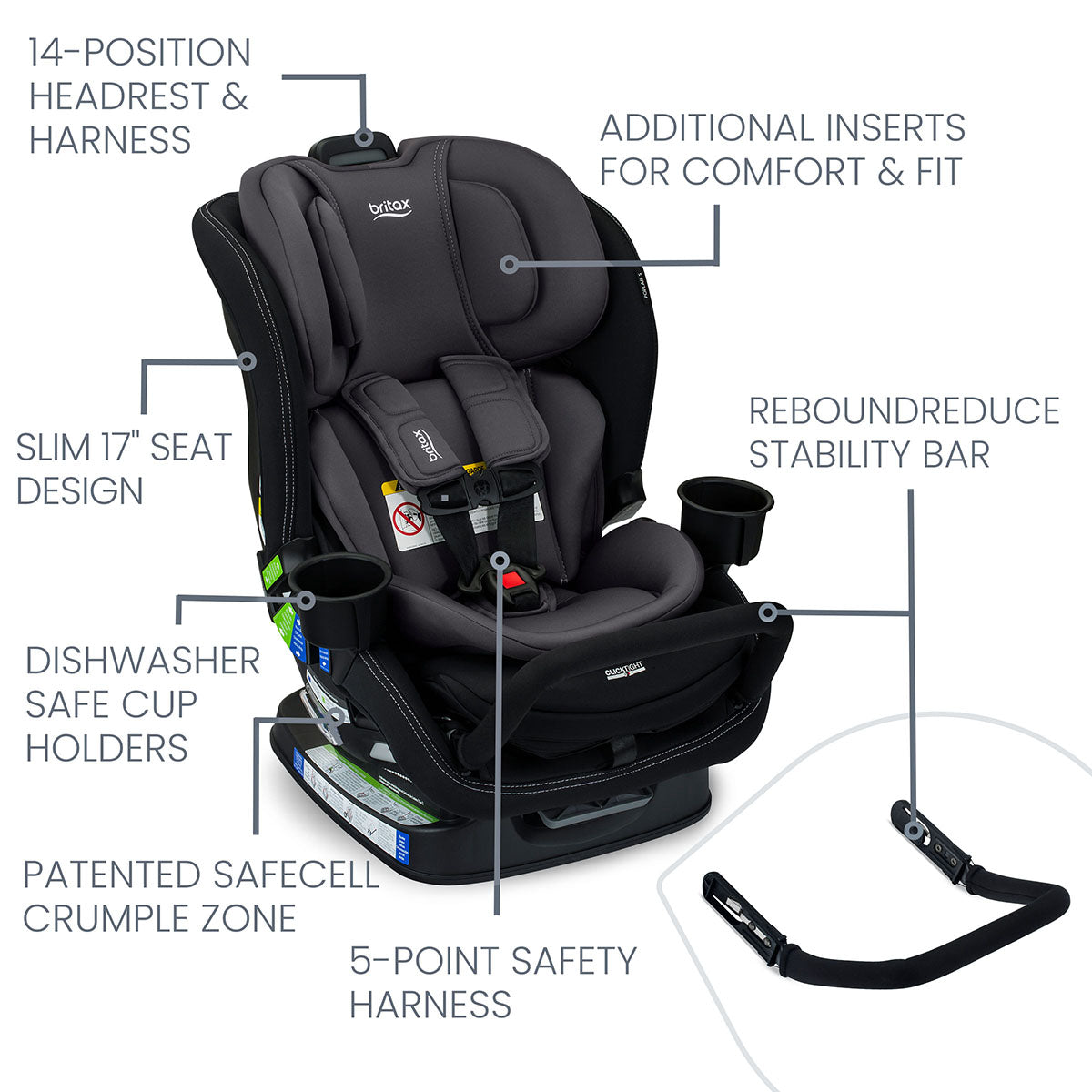 Britax Poplar S Narrow Convertible Car Seat - Stone Onyx