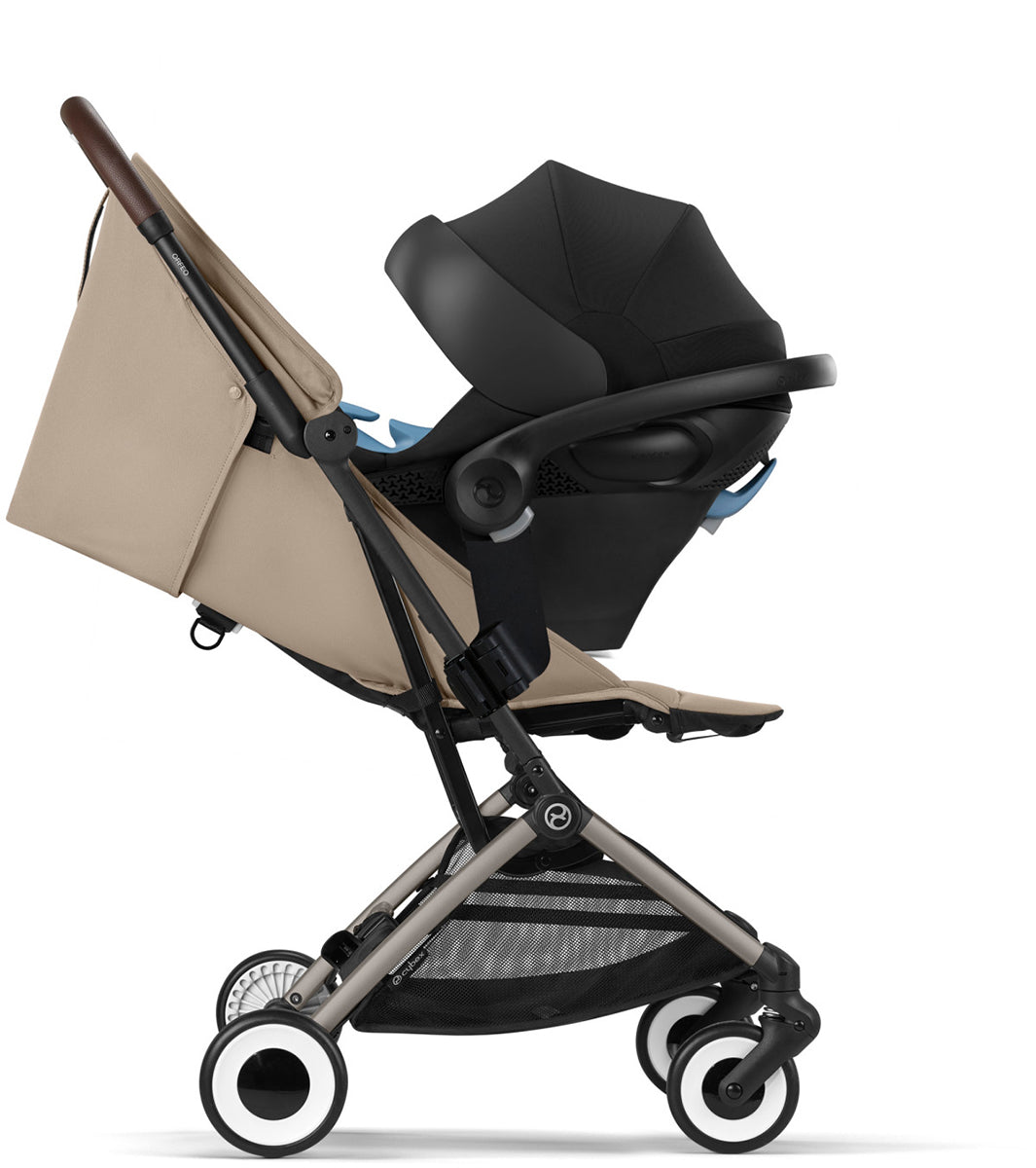 Cybex Orfeo Compact Stroller + Aton G SensorSafe Travel System Bundle - Almond Beige / Moon Black