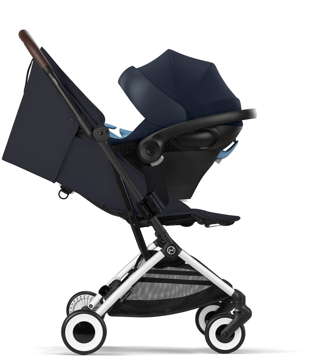 Cybex Orfeo Compact Stroller + Aton G SensorSafe Travel System Bundle - Dark Blue / Moon Black