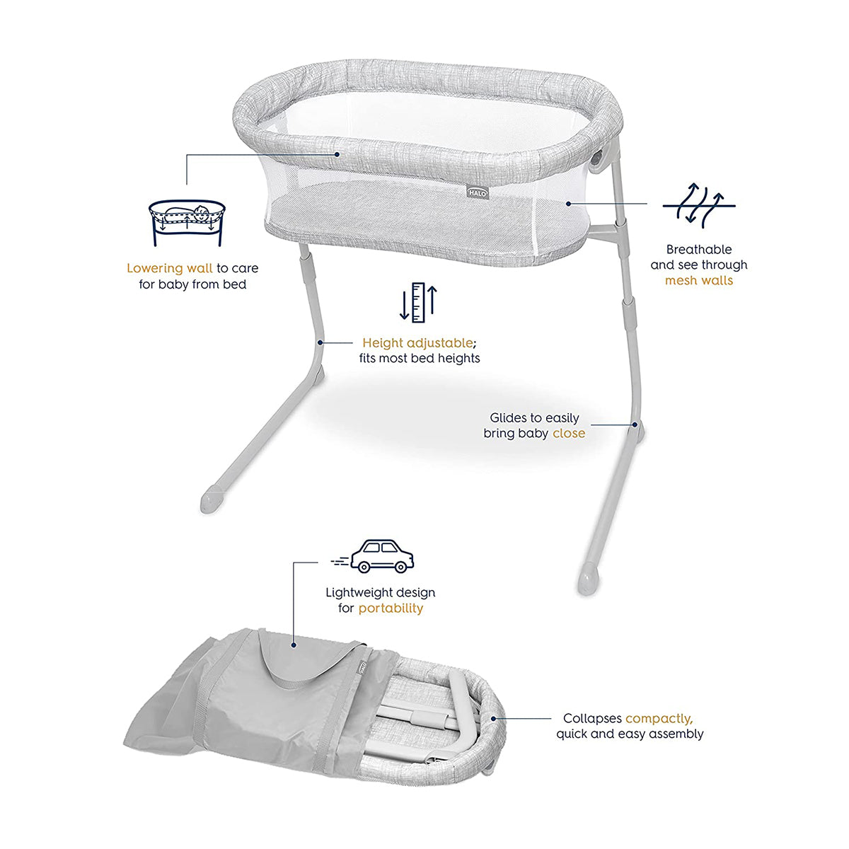 HALO BassiNest Flex Portable Bassinet - Heather Weave