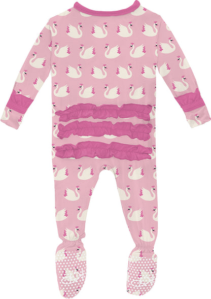 KicKee Pants Print Classic Ruffle Footie with 2 Way Zipper - Cake Pop Swan Princess, 3-6 Months