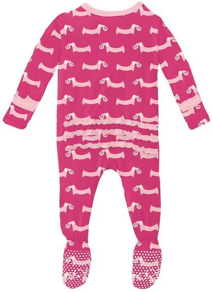 KicKee Pants Muffin Ruffle Footie with Zipper - Calypso Pretzel Pup, 0-3 Months