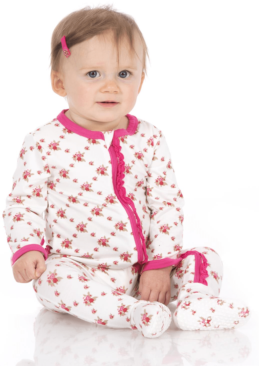 KicKee Pants Muffin Ruffle Footie with Zipper - Natural Rose Trellis, 0-3 Months