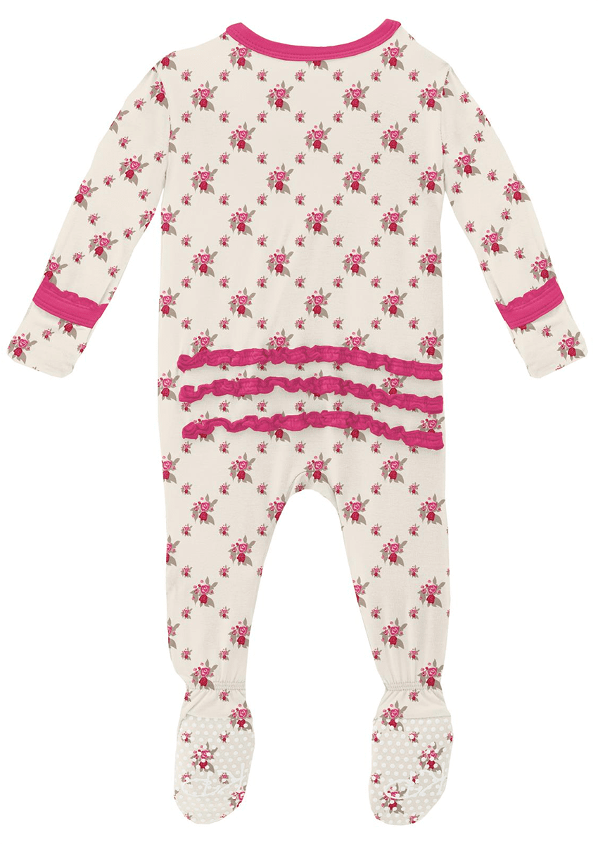 KicKee Pants Muffin Ruffle Footie with Zipper - Natural Rose Trellis, 0-3 Months