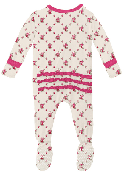 KicKee Pants Muffin Ruffle Footie with Zipper - Natural Rose Trellis, 6-9 Months