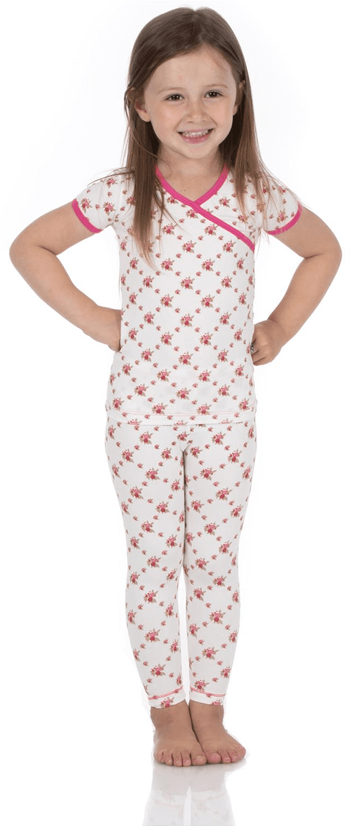 KicKee Pants Short Sleeve Kimono Pajama Set - Natural Rose Trellis, 2T