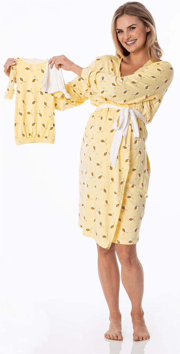 KicKee Pants Women's Mid Length Lounge Robe & Layette Gown Set - Wallaby Bees, L