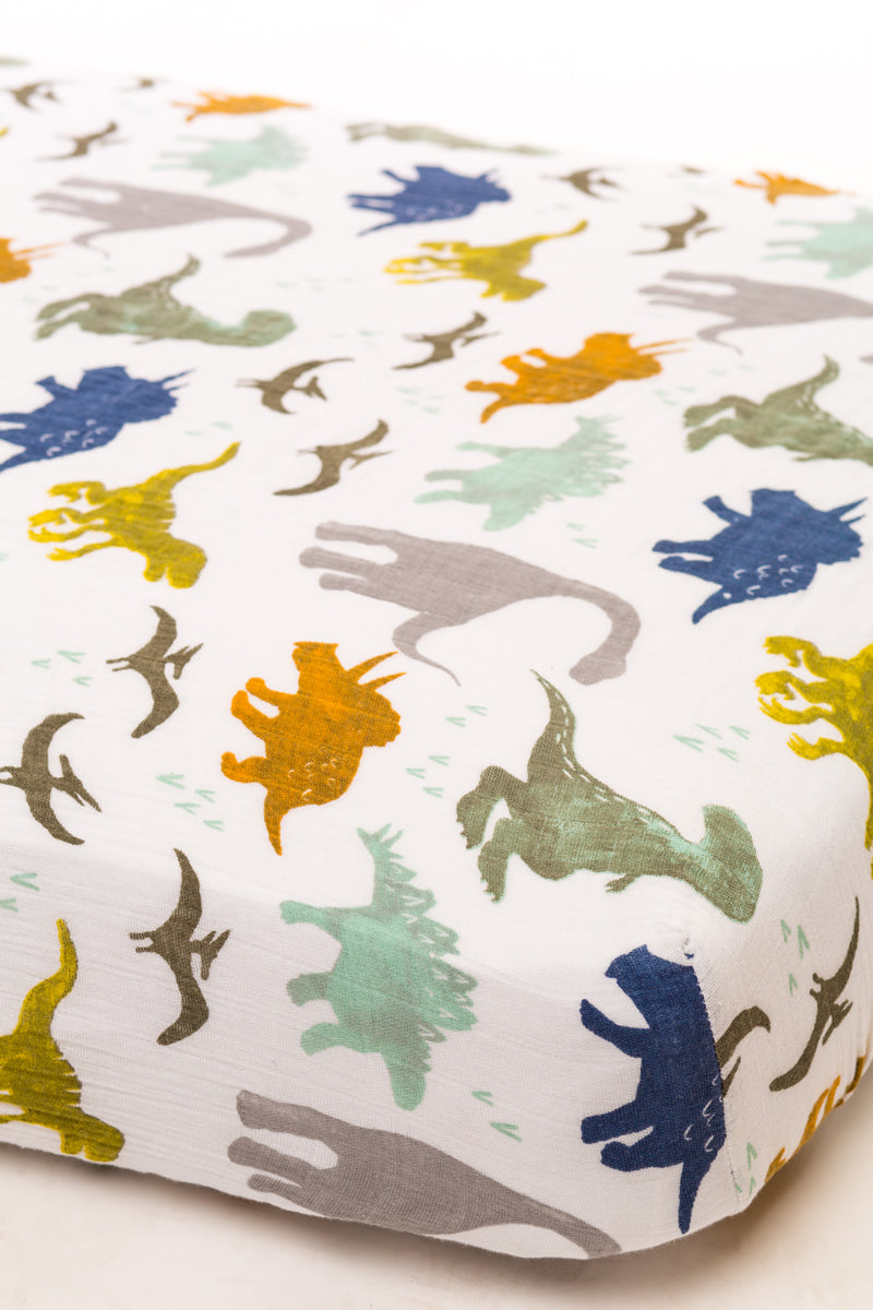 Little Unicorn Cotton Muslin Fitted Sheet - Dino Friends