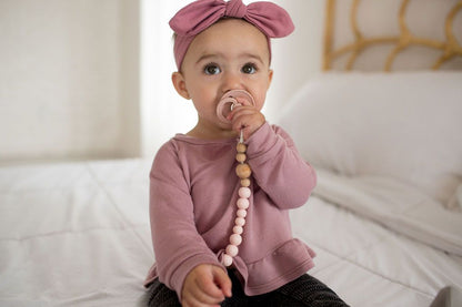 Loulou Lollipop Color Block Silicone & Wood Pacifier Clip - Pink Quartz