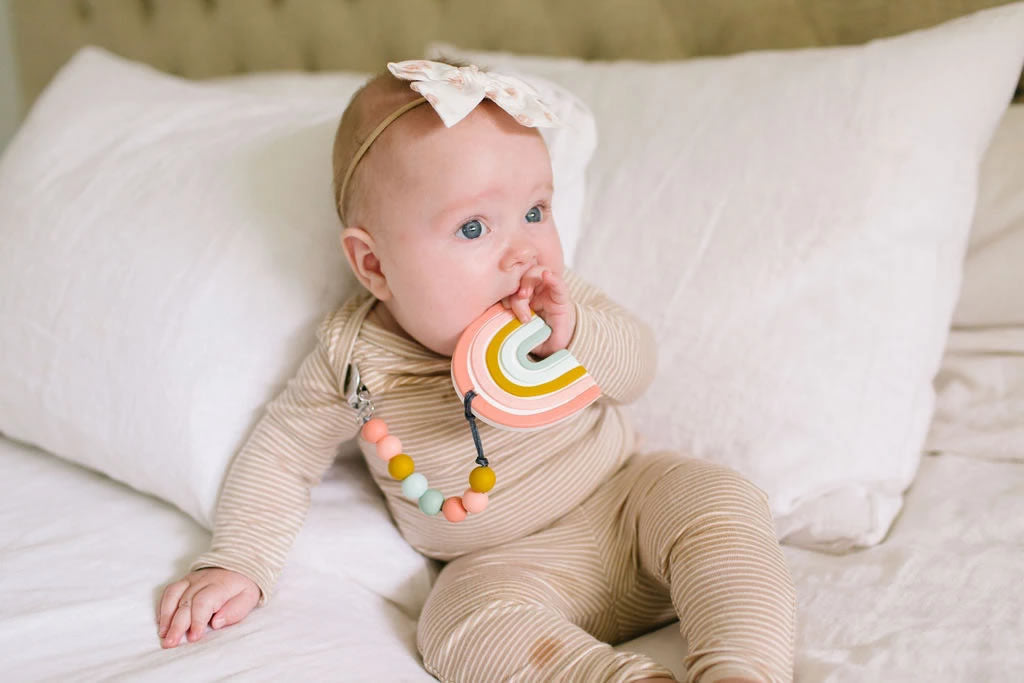 Loulou Lollipop Silicone Teether with Clip - Pastel Rainbow