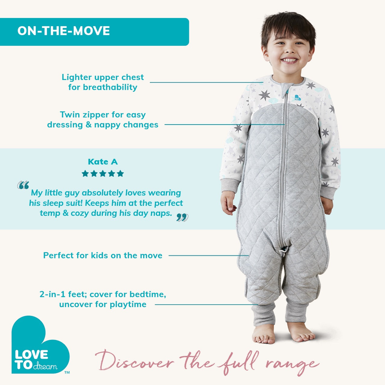 Love To Dream Long Sleeve Sleep Suit Original Cotton Moderate, 12-24 M - Stardust Grey