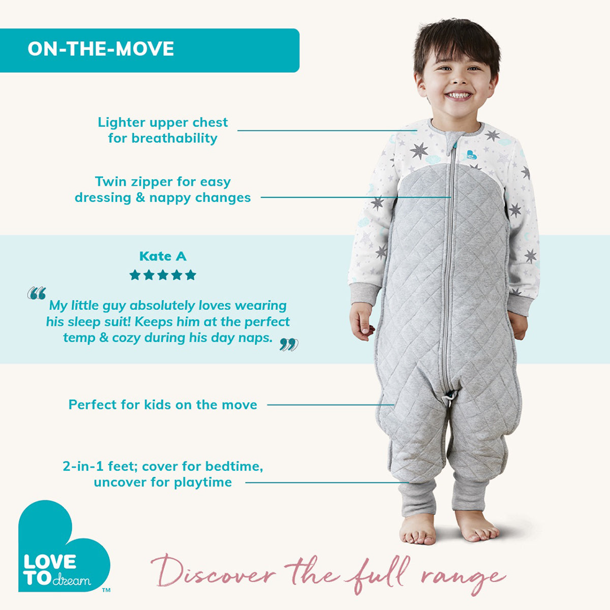 Love To Dream Short Sleeve Sleep Suit Organic Cotton Mild, 12-24 M - Doves Grey